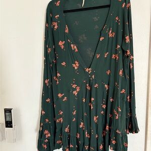 Free People Green Pink Bishop Sleeve Top
